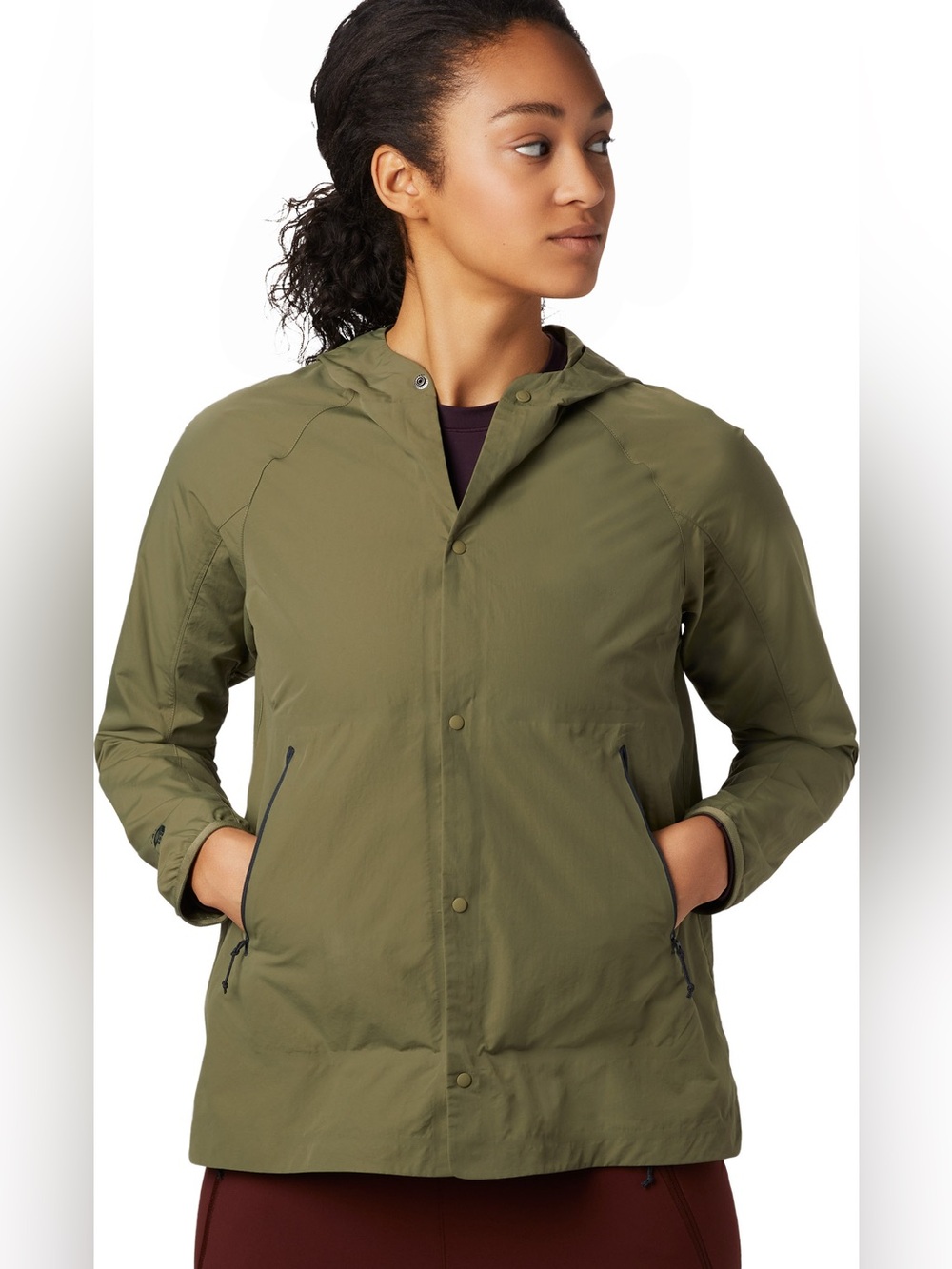 Olive Green Hooded Lightweight Women's Jacket medium 100% nylon mountain hard